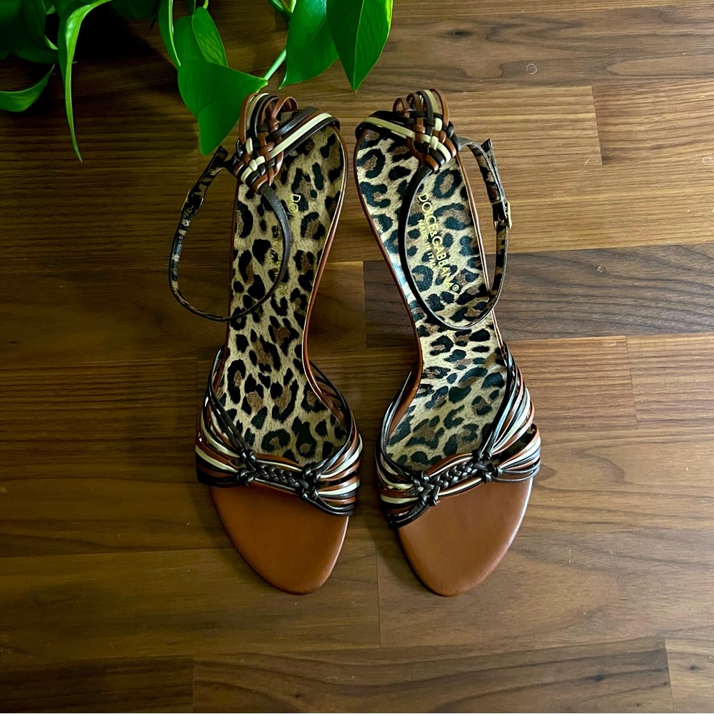 Dolce & Gabbana Italian Leather Strappy Ankle Wrap Sandals Brown Leopard - Picture 11 of 11